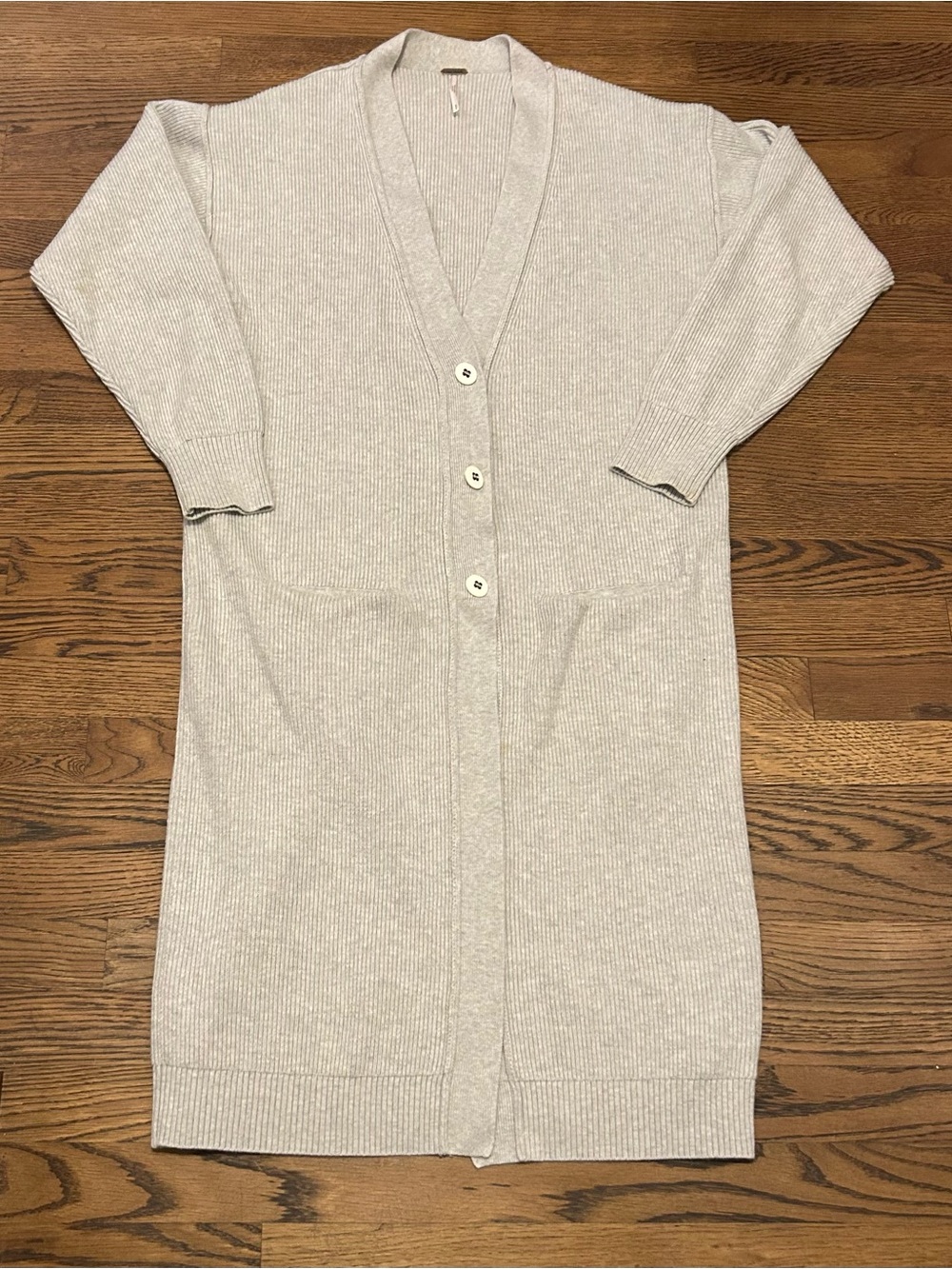 Free People Light Beige Ribbed Longline Button Cardigan with pockets